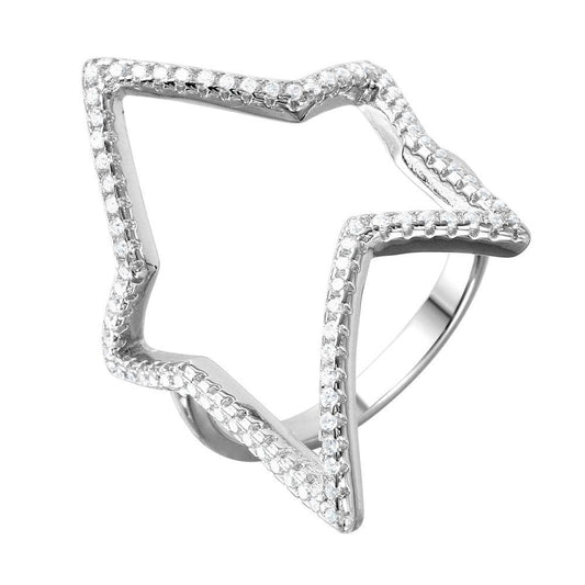 Rhodium Plated Sterling Silver 925 Wide Open Star Ring Clear CZ Band Sizes 5-9
