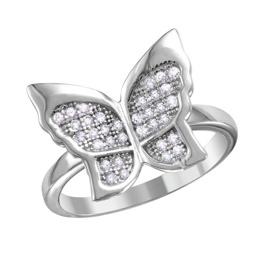 Rhodium Plated Sterling Silver 925 Butterfly Ring Micro Pave CZ Band Sizes 5-9