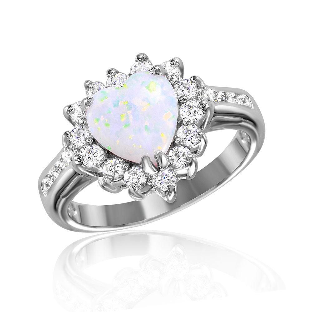 Rhodium Plated Sterling Silver 925 Halo Heart Synthetic Opal Ring Band Sizes 5-9