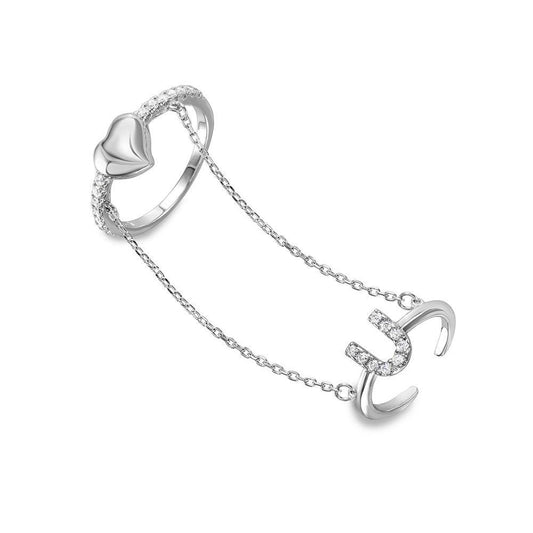 Rhodium Plated Sterling Silver 925 Slave Finger Handcuff Ring Heart Sizes 5-9
