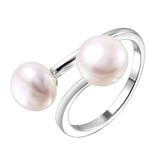 Rhodium Plated Sterling Silver 925 Open Double Simulated Pearl Ring Sizes 5-9