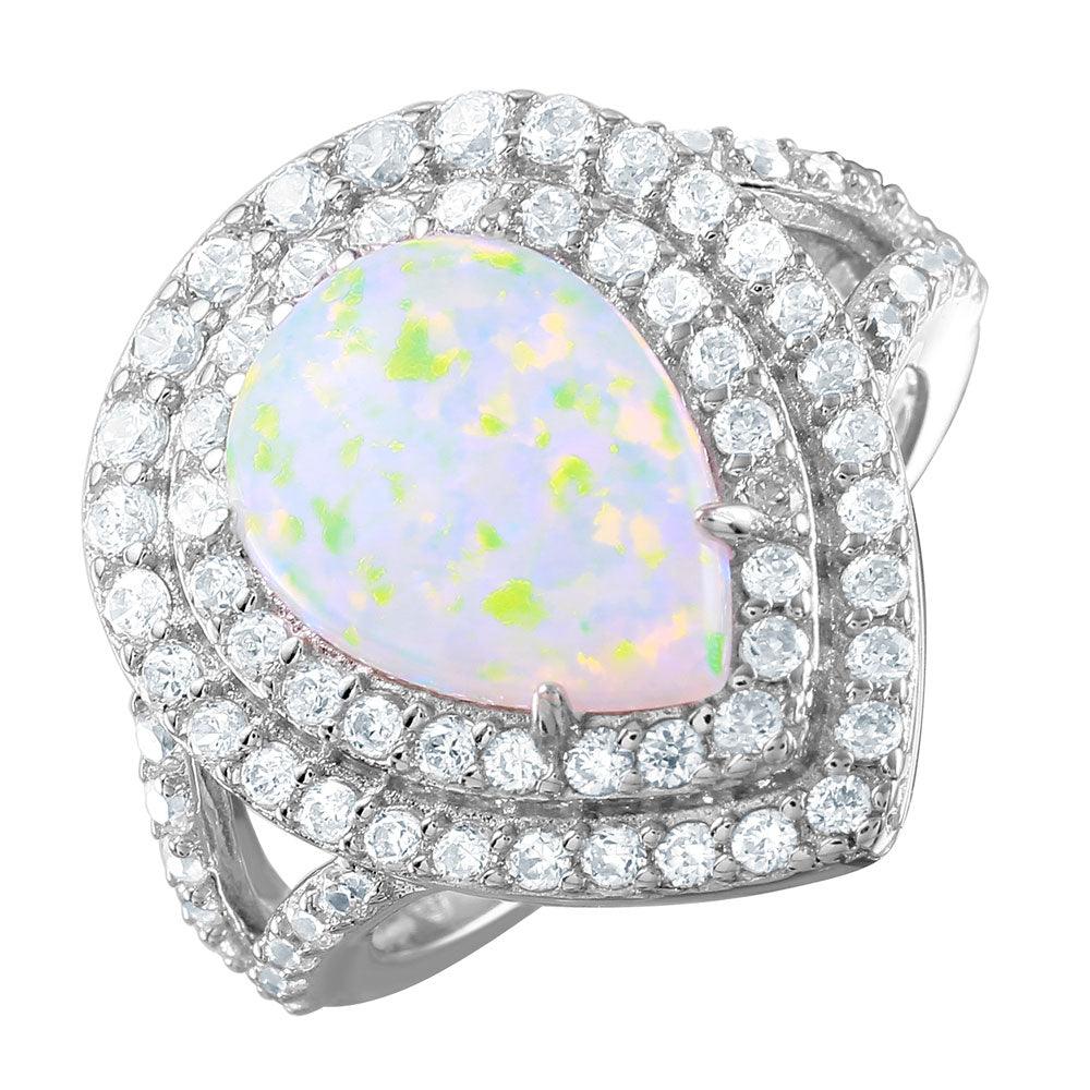 Rhodium Plated Sterling Silver Synthetic Opal Teardrop Halo CZ Ring Sizes 5-9