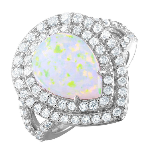 Rhodium Plated Sterling Silver Synthetic Opal Teardrop Halo CZ Ring Sizes 5-9