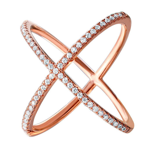 Nickel Free Rose Gold Plated Sterling Silver 925 CZ Criss Cross Ring Sizes 5-9