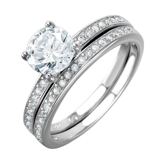 Rhodium Plated Sterling Silver 925 Bridal Ring Round Clear CZ Band Sizes 5-9