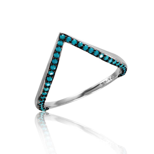 Rhodium Plated Sterling Silver 925 Chevron V Ring Simulated Turquoise Sizes 5-9