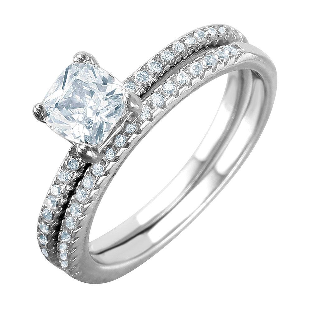 Rhodium Plated Sterling Silver 925 Square Center CZ Bridal Ring Band Sizes 5-9
