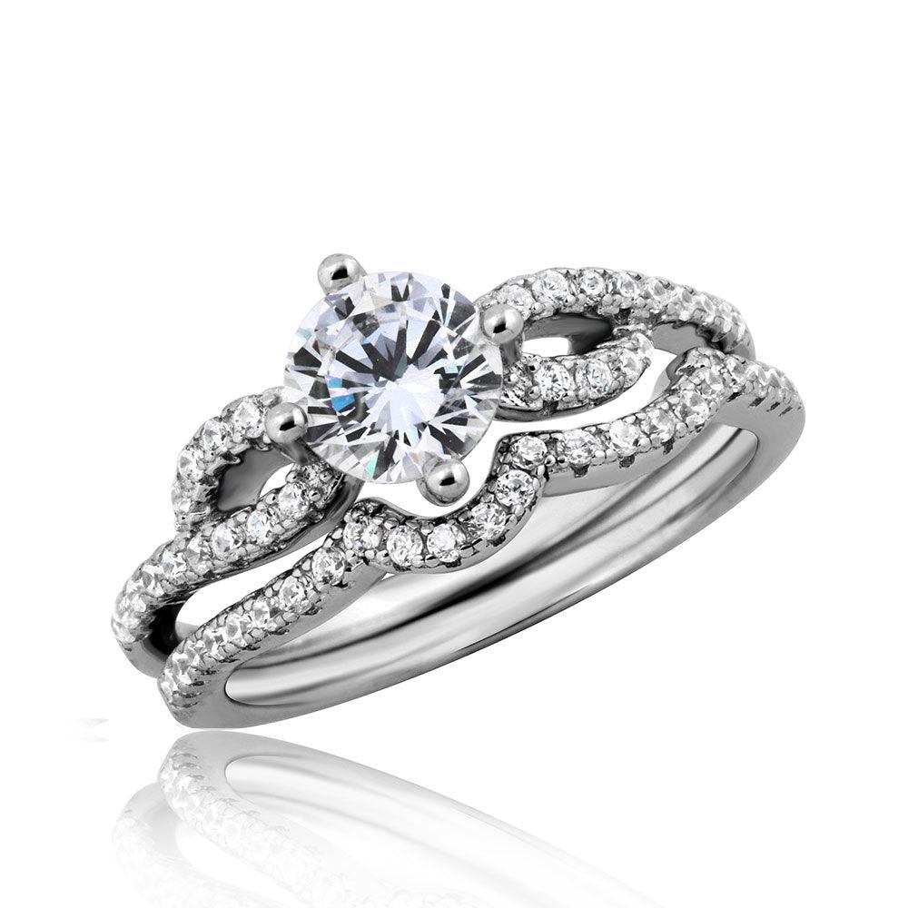 Rhodium Plated Sterling Silver 925 Engagement Wave CZ Ring Band Sizes 5-9