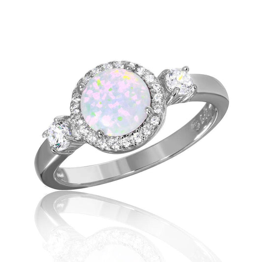 Rhodium Plated Sterling Silver 925 Halo Ring Synthetic Opal & CZ Band Sizes 5-9