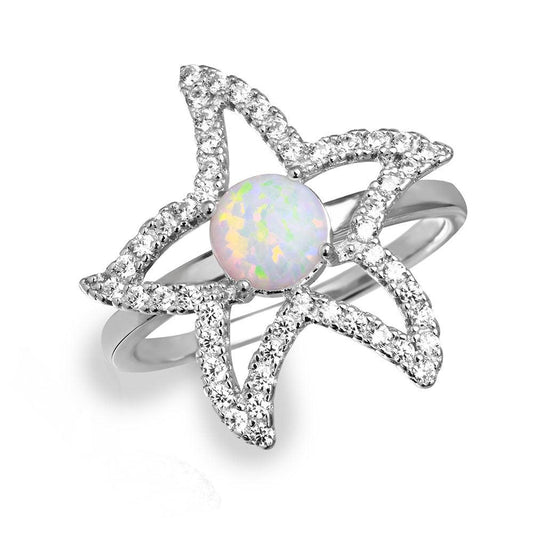 Rhodium Plated Sterling Silver 925 Starfish Ring Synthetic Opal CZ Sizes 5-9