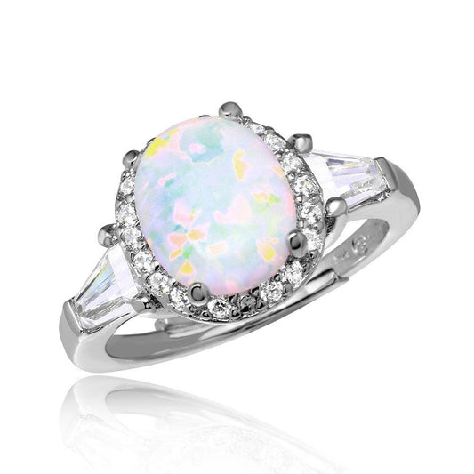 Rhodium Plated Sterling Silver 925 Halo Ring Oval Synthetic Opal CZ Sizes 5-9