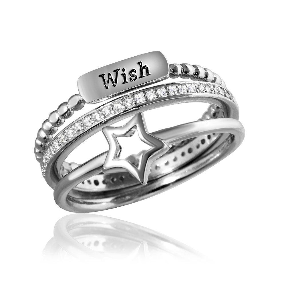 Rhodium Plated Sterling Silver 925 Triple Band Wish Star Wedding Ring Sizes 5-9