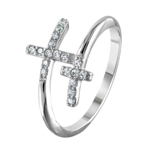Rhodium Plated Sterling Silver 925 Double CZ Cross Ring Faith Band Sizes 5-9