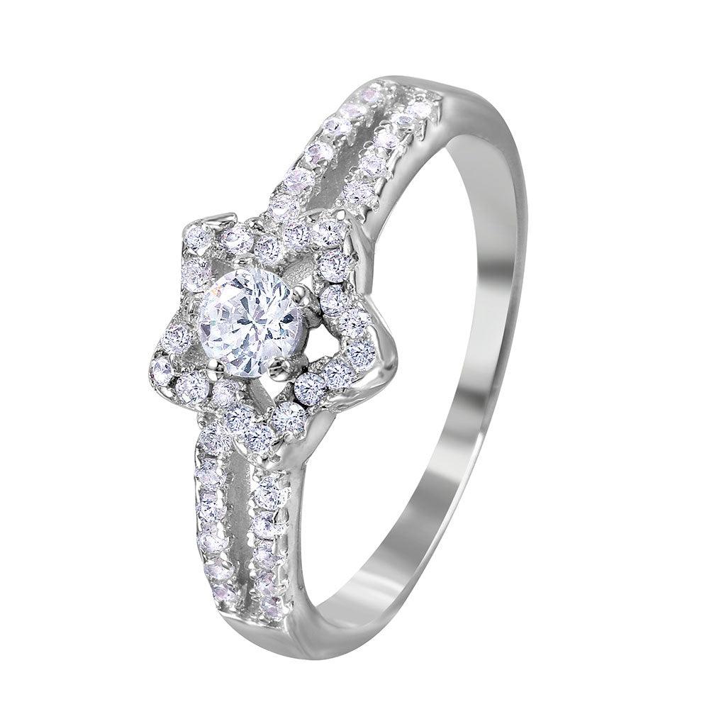 Rhodium Plated Sterling Silver 925 Split Shank Star CZ Encrusted Ring Sizes 5-9