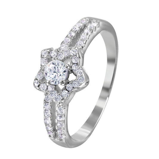 Rhodium Plated Sterling Silver 925 Split Shank Star CZ Encrusted Ring Sizes 5-9