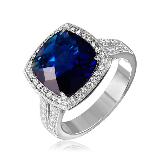 Rhodium Plated Sterling Silver 925 Square Halo Blue CZ Ring Micro Pave Sizes 5-9