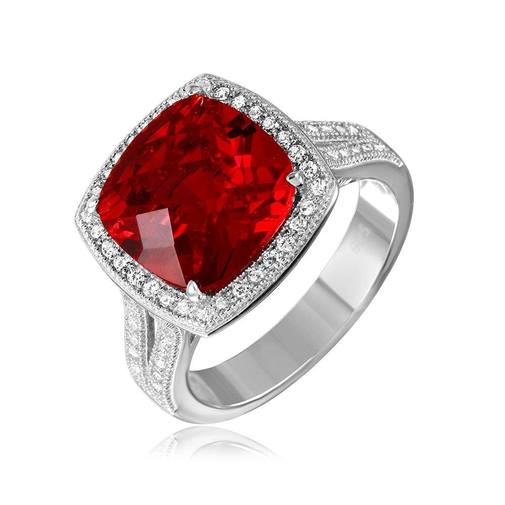 Rhodium Plated Sterling Silver 925 Square Halo Red CZ Ring Micro Pave Sizes 5-9
