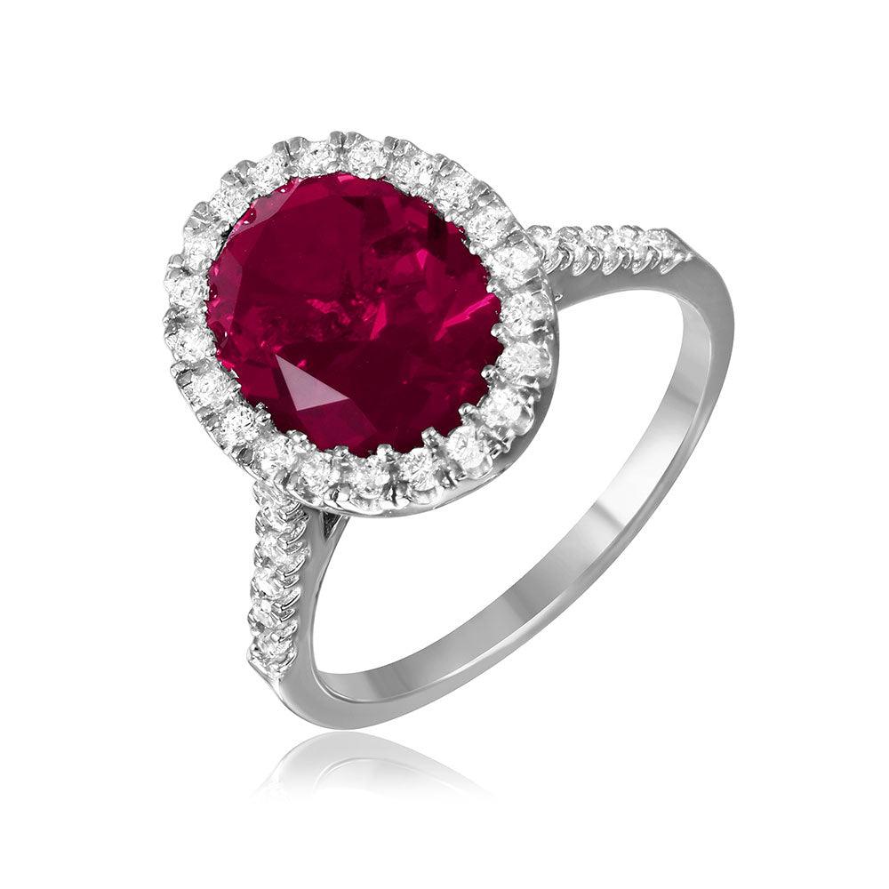 Rhodium Plated Sterling Silver 925 Red Oval Halo Ring CZ Band Sizes 5-9