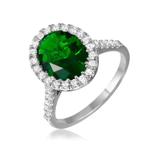 Rhodium Plated Sterling Silver 925 Green Oval Halo Ring CZ Band Sizes 5-9