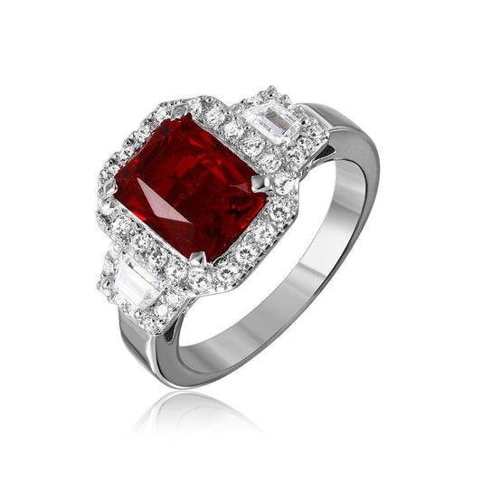 Rhodium Plated Sterling Silver 925 Red Emerald Cut Center CZ Ring Band Sizes 5-9