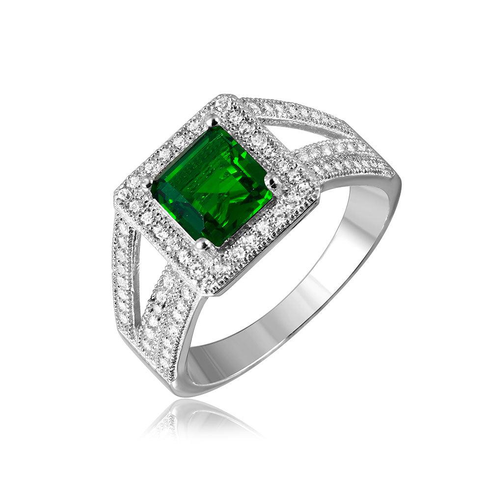 Rhodium Plated Sterling Silver 925 Green Square Halo Clear CZ Ring Sizes 5-9