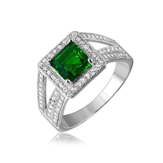 Rhodium Plated Sterling Silver 925 Green Square Halo Clear CZ Ring Sizes 5-9