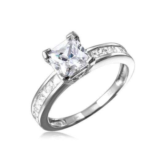 Polished Rhodium Plated Sterling Silver 925 Square Clear CZ Band Ring Sizes 5-9
