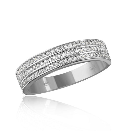 Rhodium Plated Sterling Silver 925 Multi Row Clear CZ Band Ring Sizes 9-11