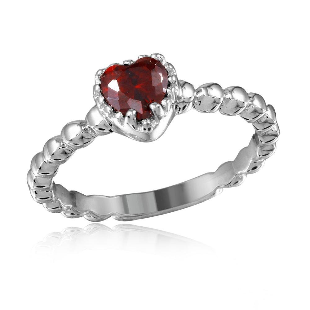 Rhodium Plated Sterling Silver 925 Beaded Band Red Heart CZ Ring Band Sizes 5-9