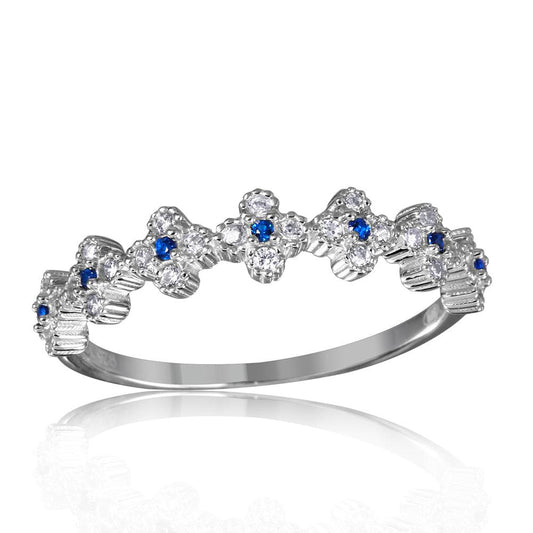 Rhodium Plated Sterling Silver 925 Clover Band Blue CZ Ring Band Sizes 5-9