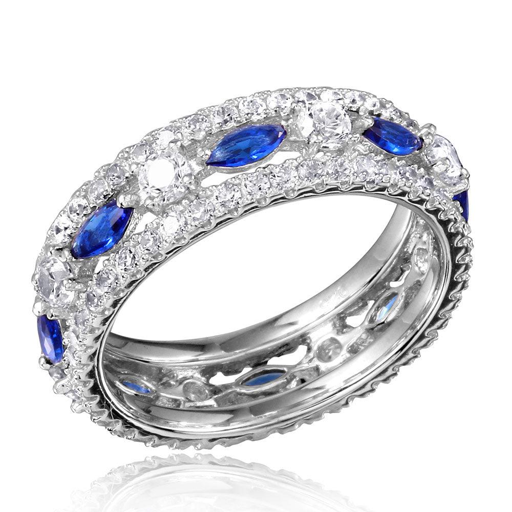 Sterling Silver 925 Rhodium Plated Band Encrusted Clear Blue CZ Sizes 5-9