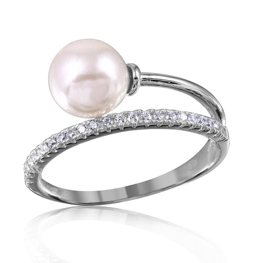 Rhodium Plated Sterling Silver 925 Overlap CZ Simulated Pearl Ring Sizes 5-9