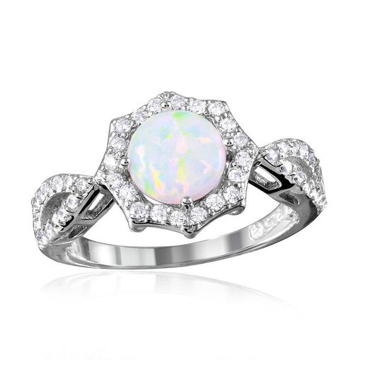 Rhodium Plated Sterling Silver 925 Synthetic Opal Halo Clear CZ Ring Sizes 5-9