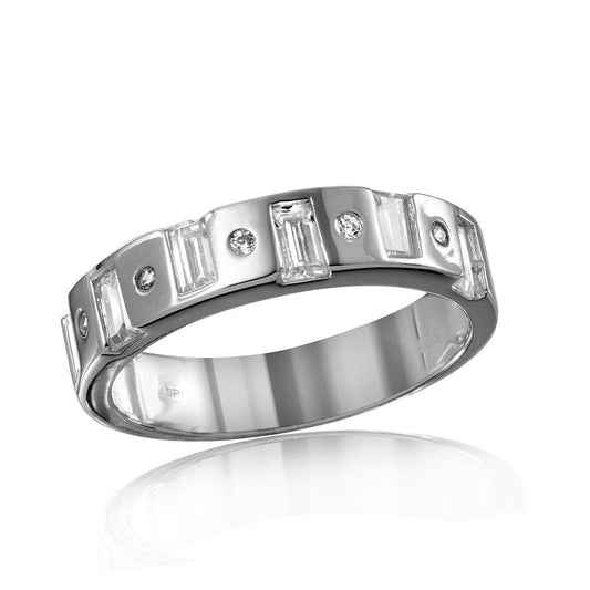 Sterling Silver 925 Rhodium Plated Baguette Clear CZ Men's Band Sizes 9-11