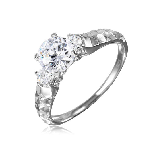 Rhodium Plated Sterling Silver 925 Clear CZ Ring Hammered Shank Band Sizes 5-9