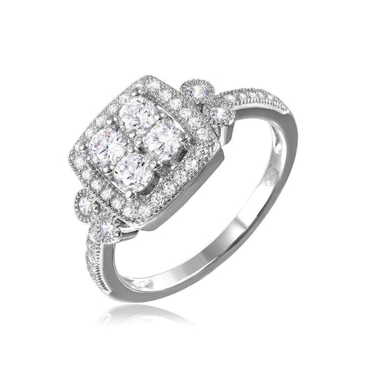 Rhodium Plated Sterling Silver 925 Square Halo Ring Clear CZ Band Sizes 5-9