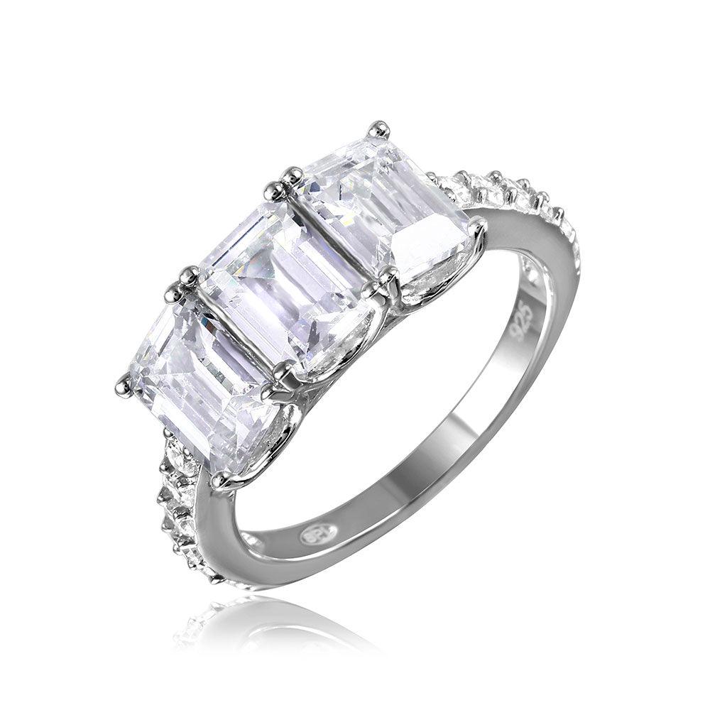 Rhodium Plated Sterling Silver 925 3 Rectangle Clear CZ Ring Band Sizes 5-9