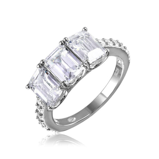 Rhodium Plated Sterling Silver 925 3 Rectangle Clear CZ Ring Band Sizes 5-9