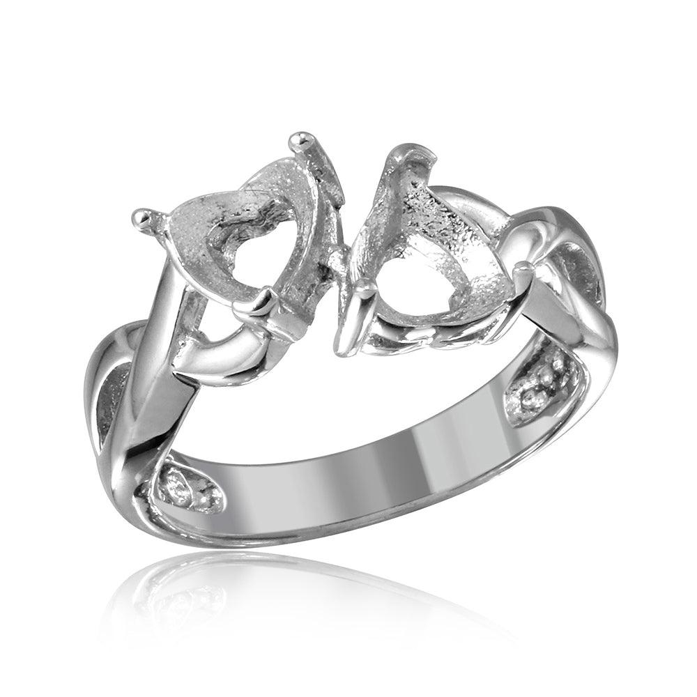 Rhodium Plated Sterling Silver 925 Double Heart Mounting Twisted Ring Sizes 5-9