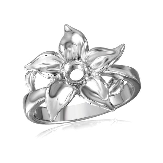 Rhodium Plated Sterling Silver 925 Flower Single Mounting Ring Band Sizes 5-9