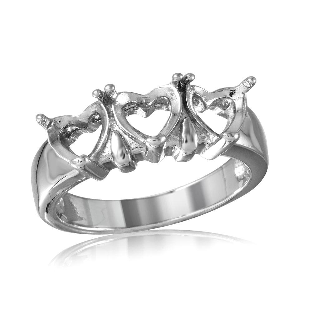 Sterling Silver 925 Rhodium Plated 3 Hearts Mounting Ring Band Sizes 5-9