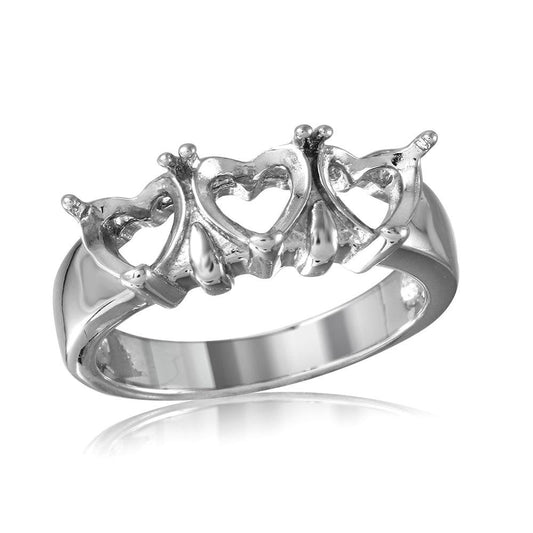 Sterling Silver 925 Rhodium Plated 3 Hearts Mounting Ring Band Sizes 5-9