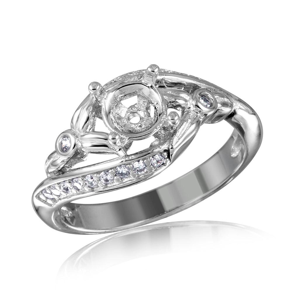 Rhodium Plated Sterling Silver 925 Overlap CZ Flower Mounting Ring Sizes 5-9