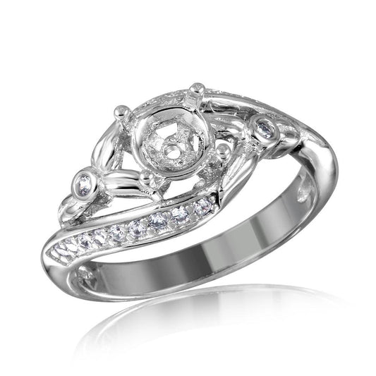 Rhodium Plated Sterling Silver 925 Overlap CZ Flower Mounting Ring Sizes 5-9