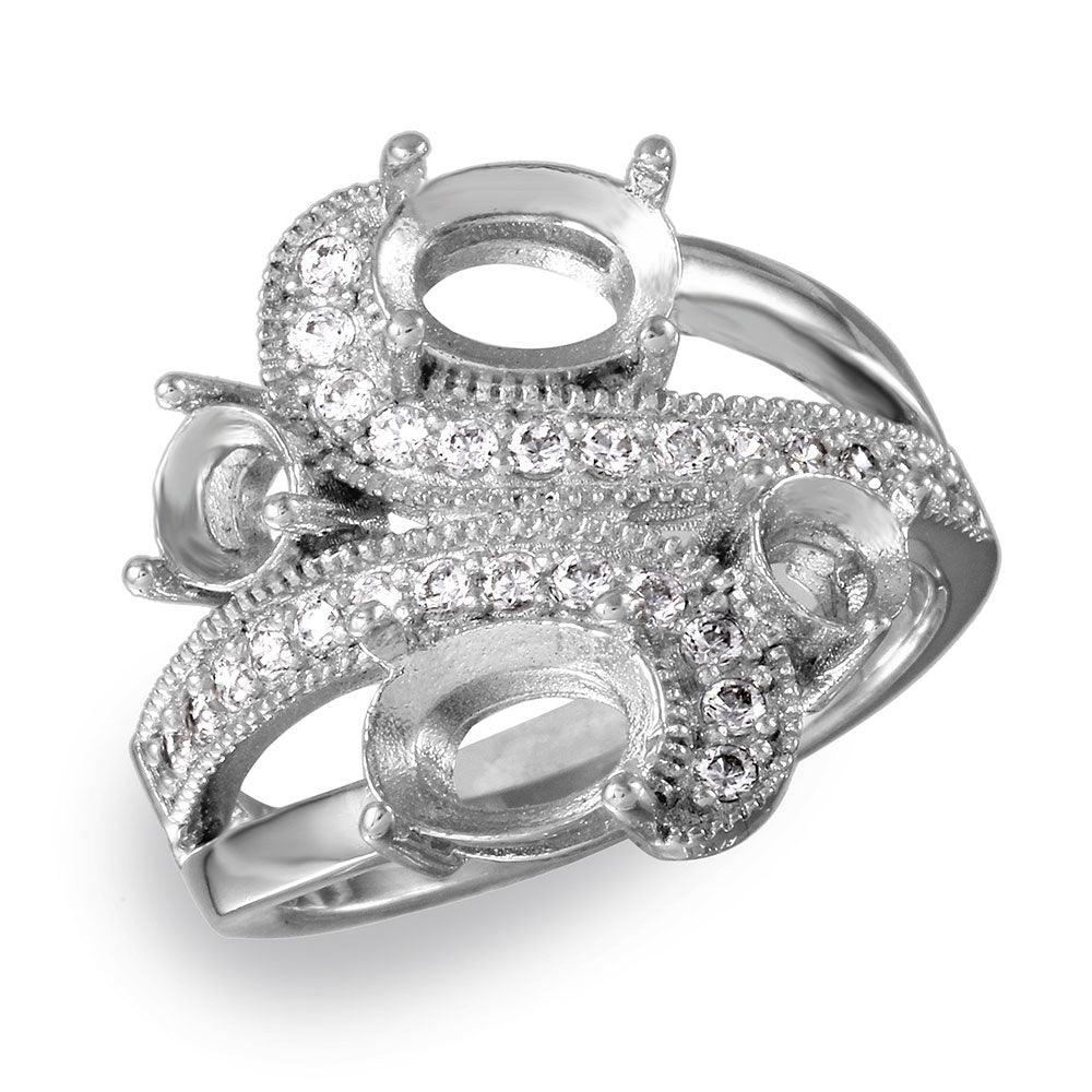 Rhodium Plated Sterling Silver 925 4 Mounting Wave CZ Design Ring Band Sizes 5-9