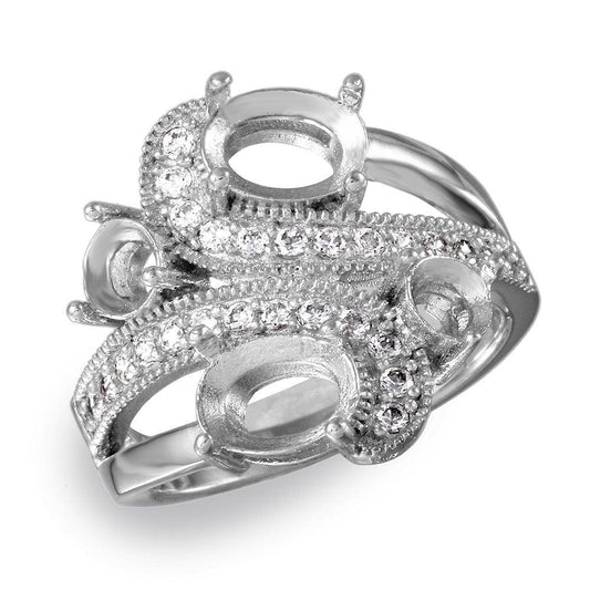 Rhodium Plated Sterling Silver 925 4 Mounting Wave CZ Design Ring Band Sizes 5-9