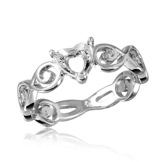 Rhodium Plated Sterling Silver 925 Wave Band Heart Mounting Ring Band Sizes 5-9