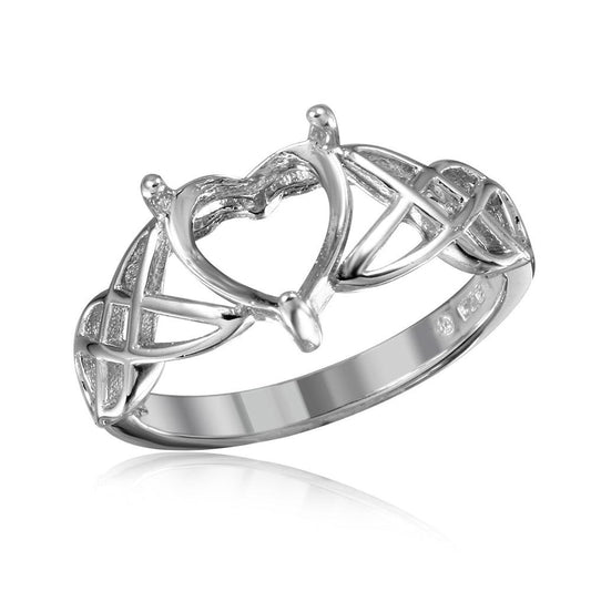 Rhodium Plated Sterling Silver 925 Criss Cross Heart Mounting Ring Sizes 5-9
