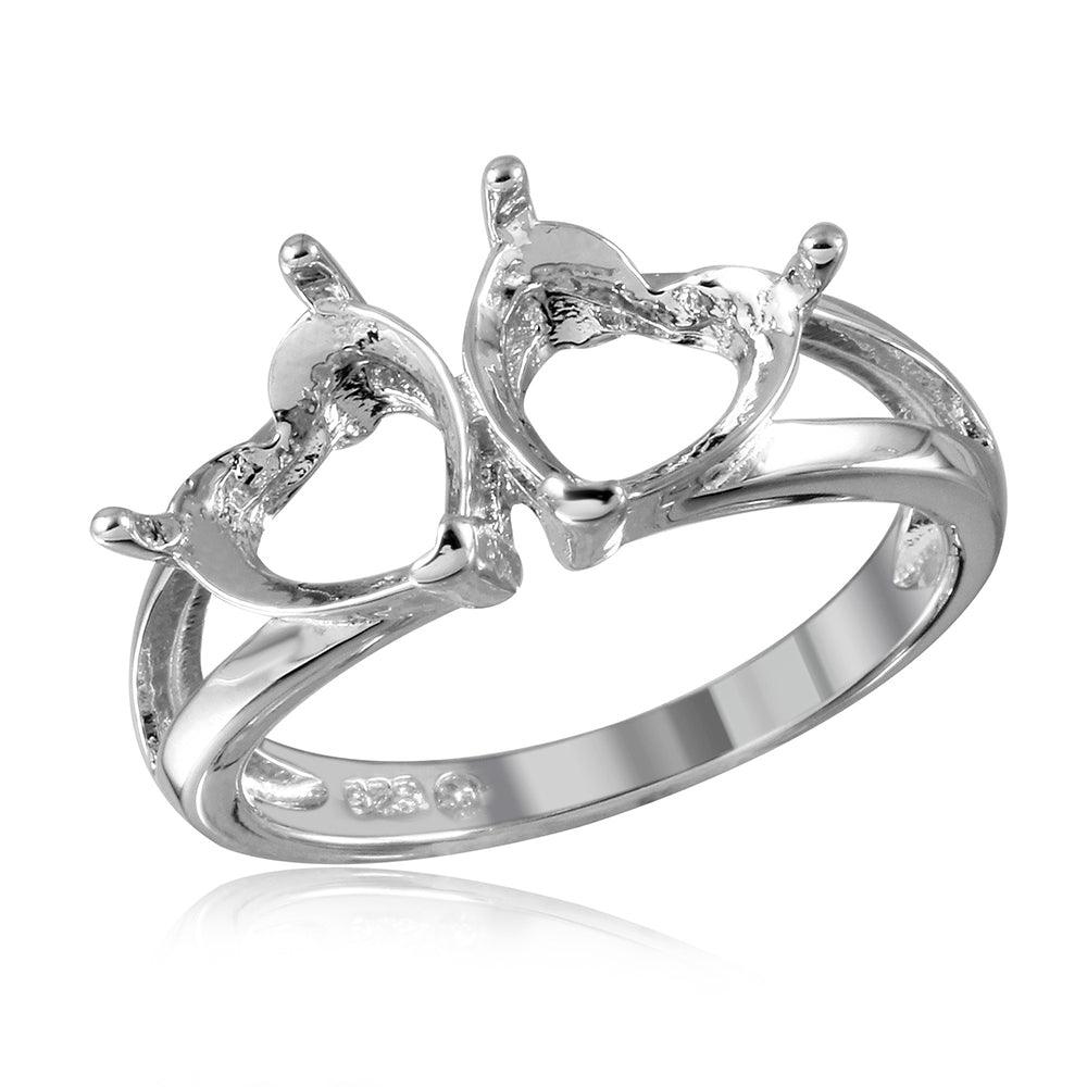 Rhodium Plated Sterling Silver 925 Double Heart Mounting Ring Band Sizes 5-9