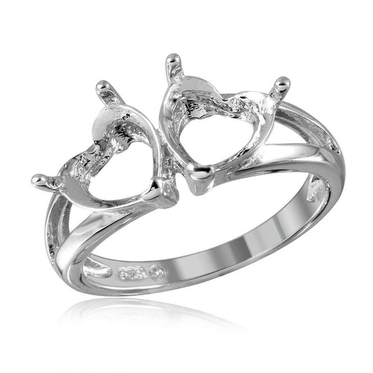 Rhodium Plated Sterling Silver 925 Double Heart Mounting Ring Band Sizes 5-9